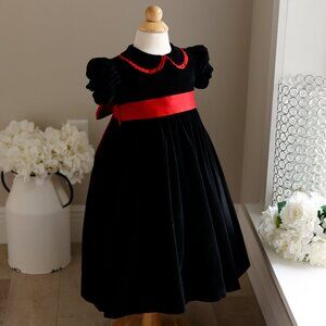 Black Velvet Strasburg Dress Size 3 Red Dupioni Silk Sash Special Occasion
